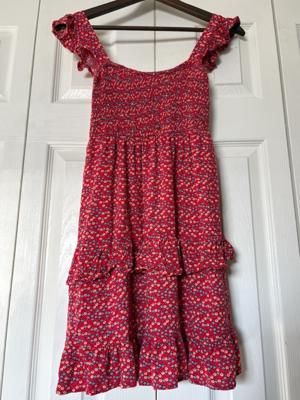 Altar'd State Red Floral Summer Mini Dress Size XS Smocked Bodice Ruffled Skirt